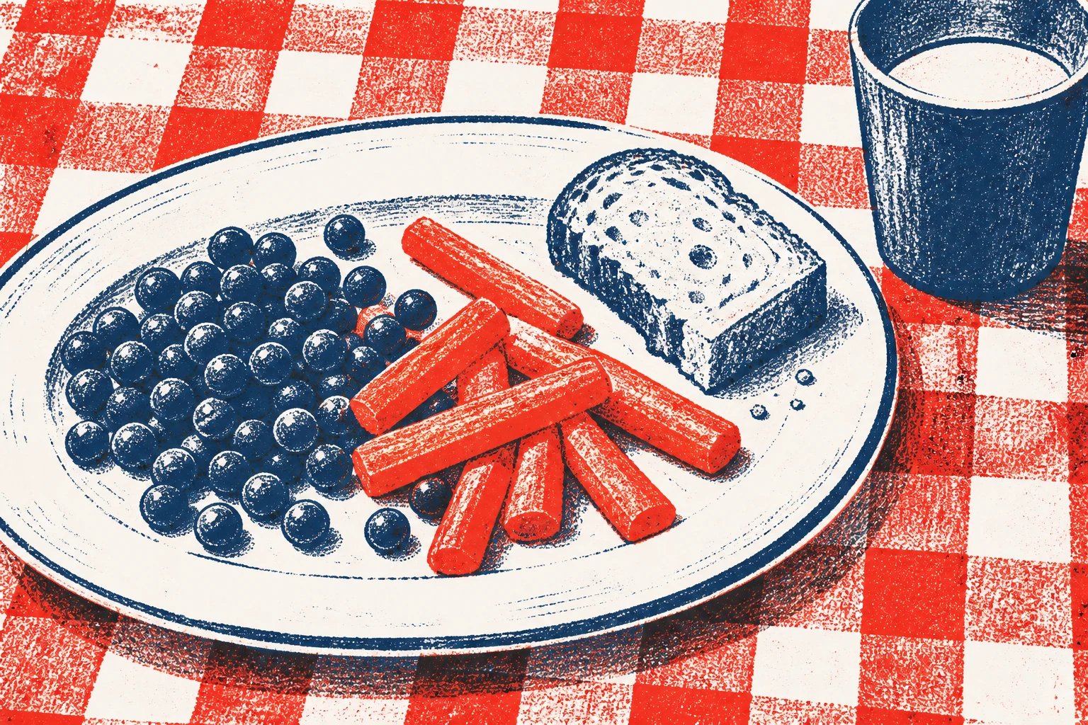 Two-colour print of a simple lunch setting, with vegetables, bread and a cup.